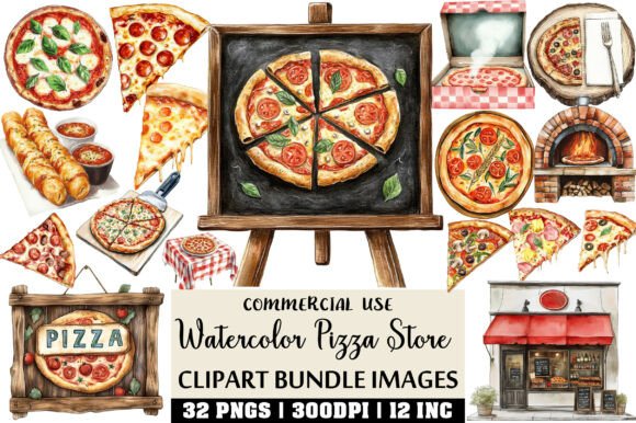 Download Watercolor Pizza Store Clipart Bundle - Store Collection