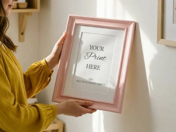 Download Vertical Pink Frame Mockup Held by Hand - Premium Resources